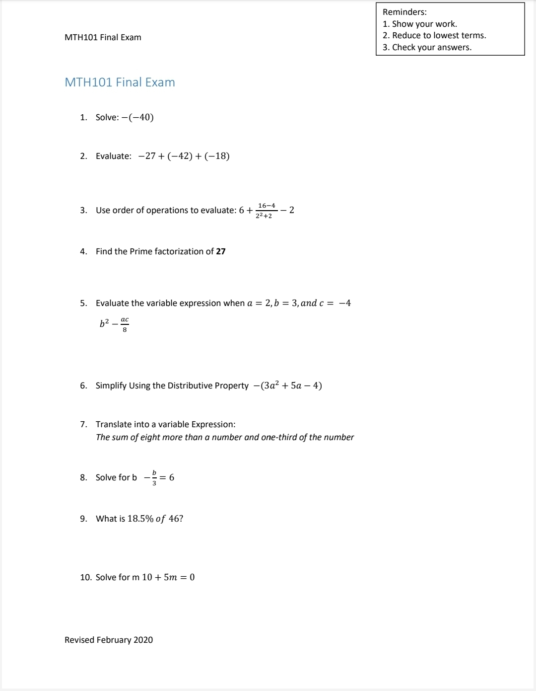 Solved MTH101 Final Exam Reminders: 1. Show your work. 2. | Chegg.com