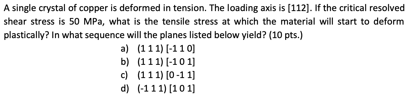 Solved A single crystal of copper is deformed in tension. | Chegg.com