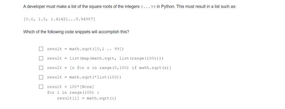 Solved A developer must make a list of the square roots of | Chegg.com
