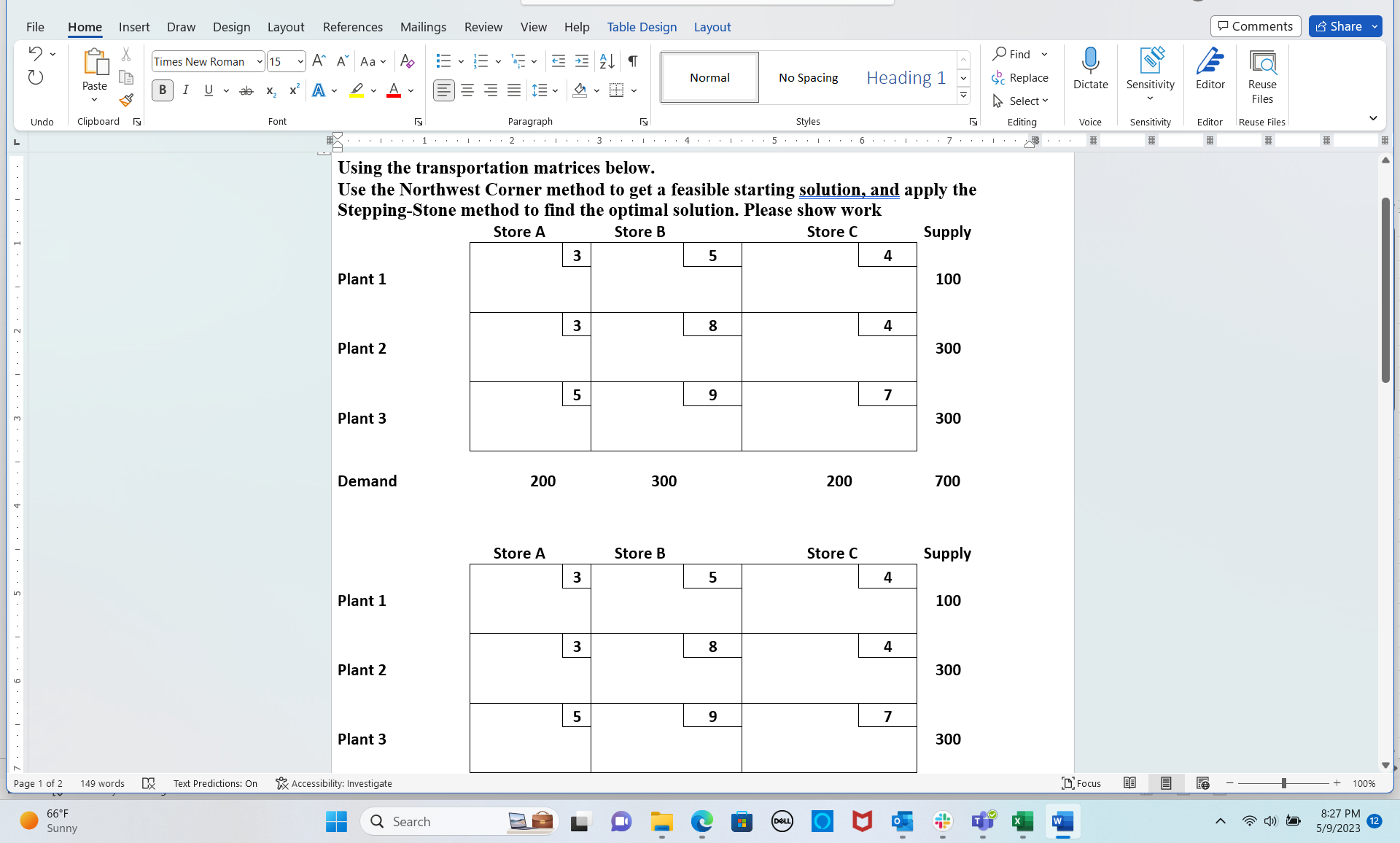 Using the transportation matrices below. Use the | Chegg.com