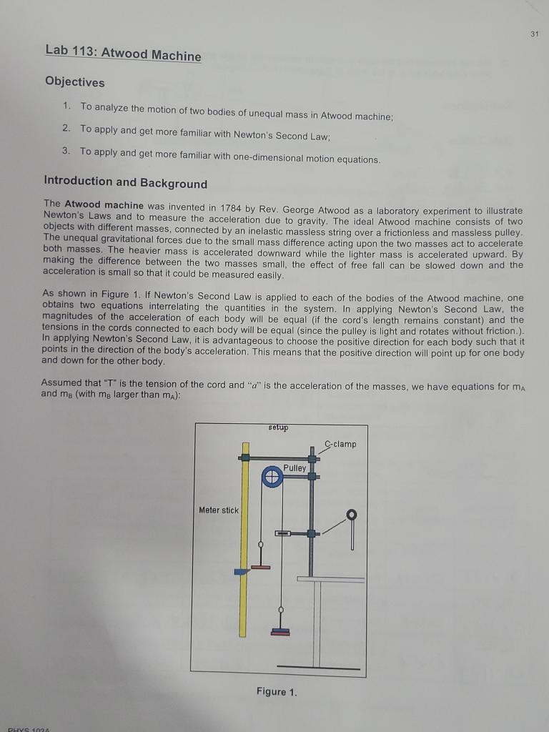 Solved 31 Lab 113 Atwood Machine Objectives 1. To analyze
