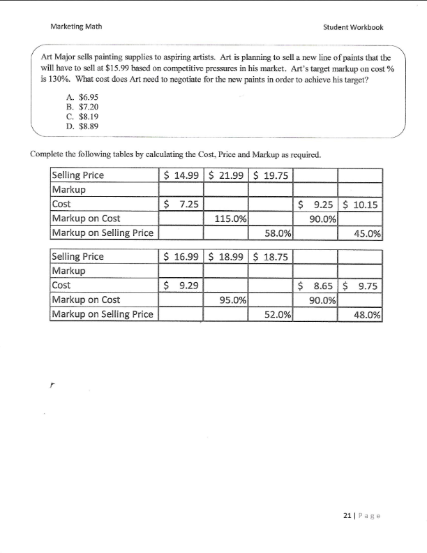 Solved Marketing Math Student Workbook Art Major sells | Chegg.com