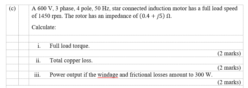 Solved (C) A 600 V, 3 phase, 4 pole, 50 Hz, star connected | Chegg.com