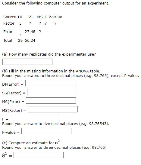 Solved Consider the following computer output for an | Chegg.com