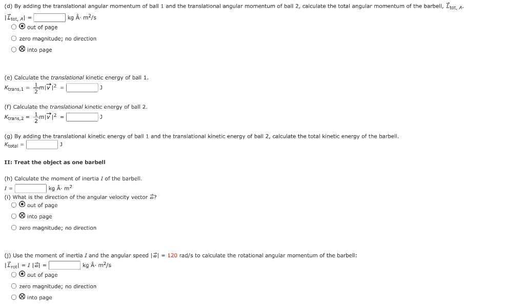 (d) By adding the translational angular momentum of ball 1 and the translational angular momentum of ball 2 , calculate the t