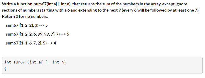 Solved Write a function, sum 67(int a[ ], int n), that | Chegg.com