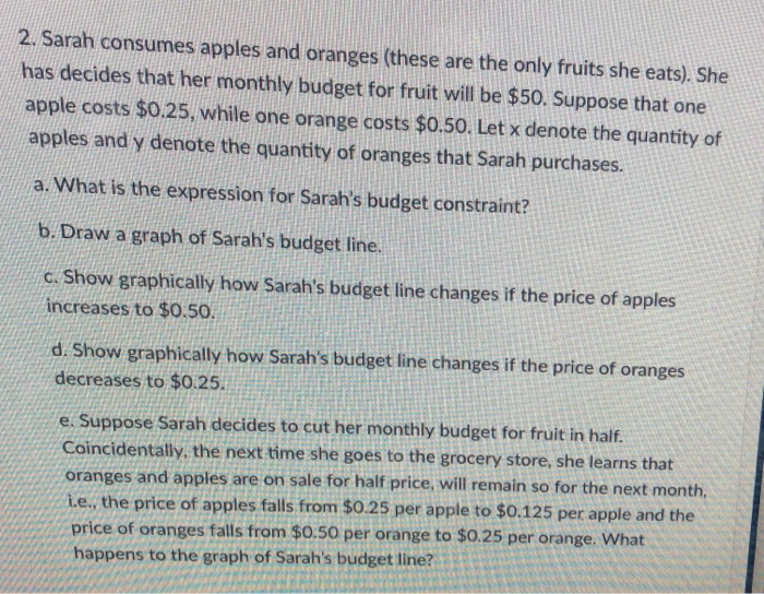 Solved 2. Sarah consumes apples and oranges (these are the | Chegg.com