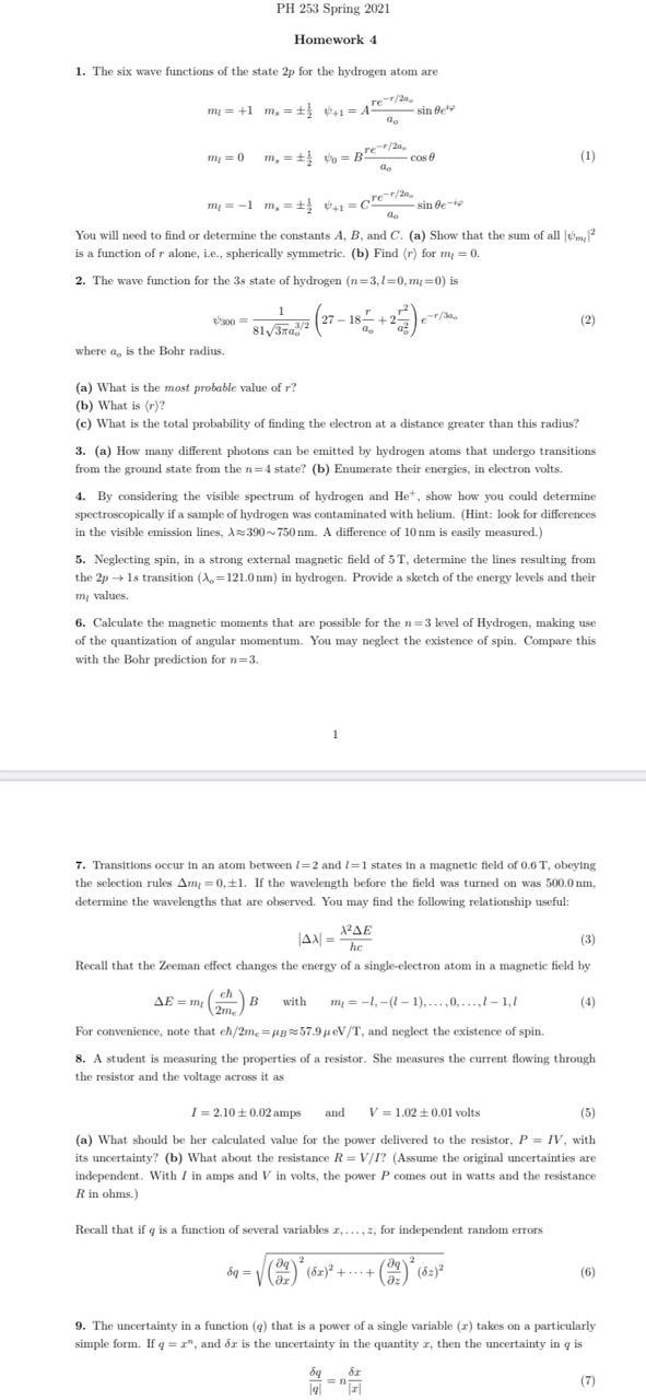 Solved Ph 253 Spring 21 Homework 4 1 The Six Wave Func Chegg Com