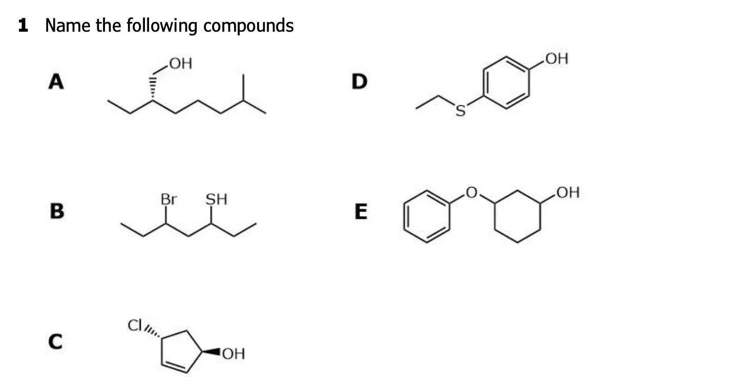 Solved 1 Name the following compounds A D B E C | Chegg.com