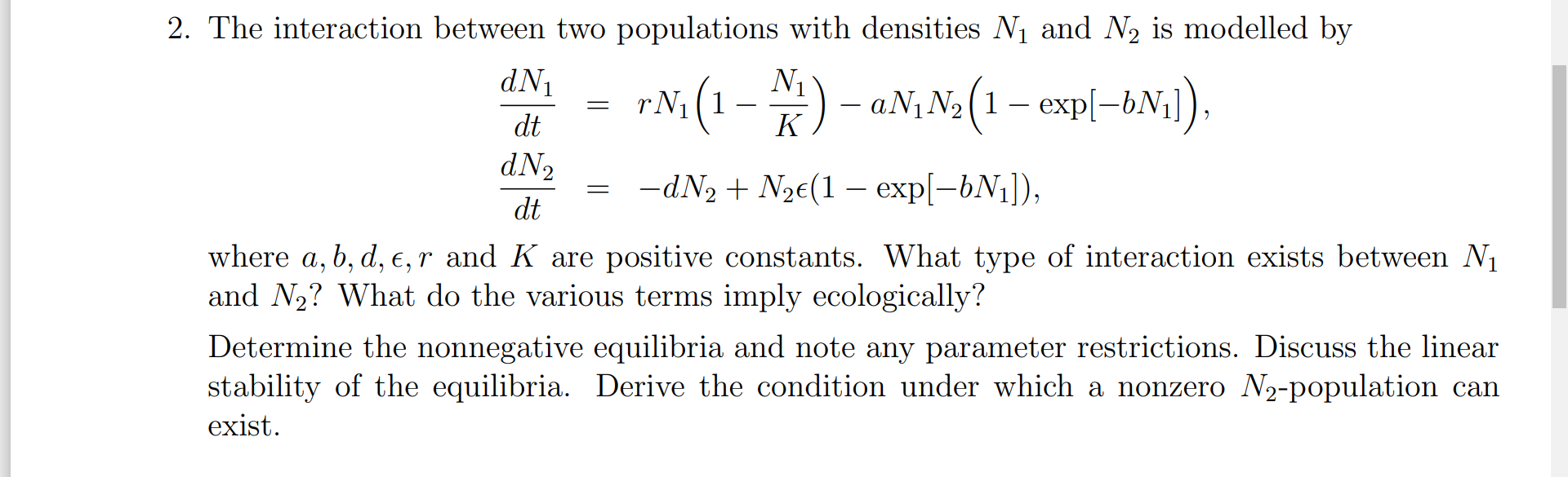 Solved = = 2. The interaction between two populations with | Chegg.com