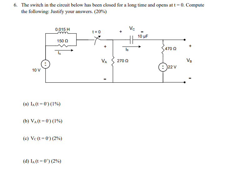 Solved 6. The switch in the circuit below has been closed | Chegg.com