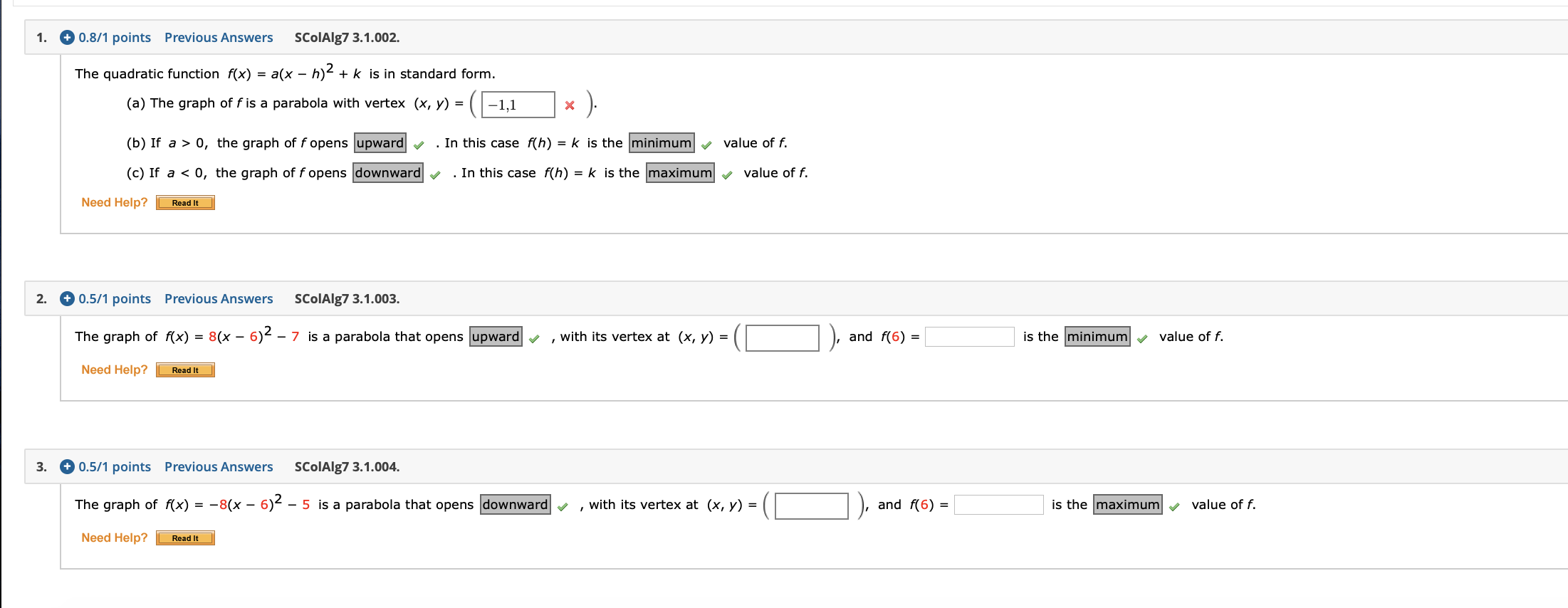 Solved 1. 0.8/1 points Previous Answers ColAlg7 3.1.002. The | Chegg.com