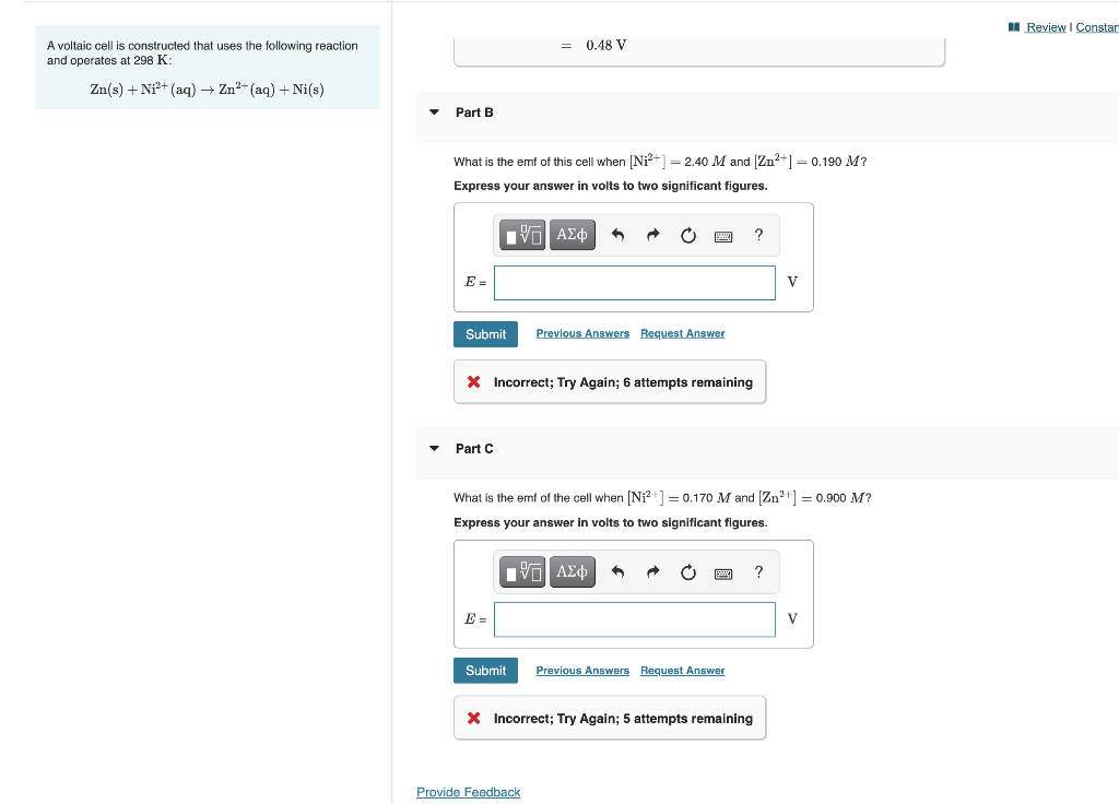 Solved NA Review Constar = 0.48 V A Voltaic Cell Is | Chegg.com