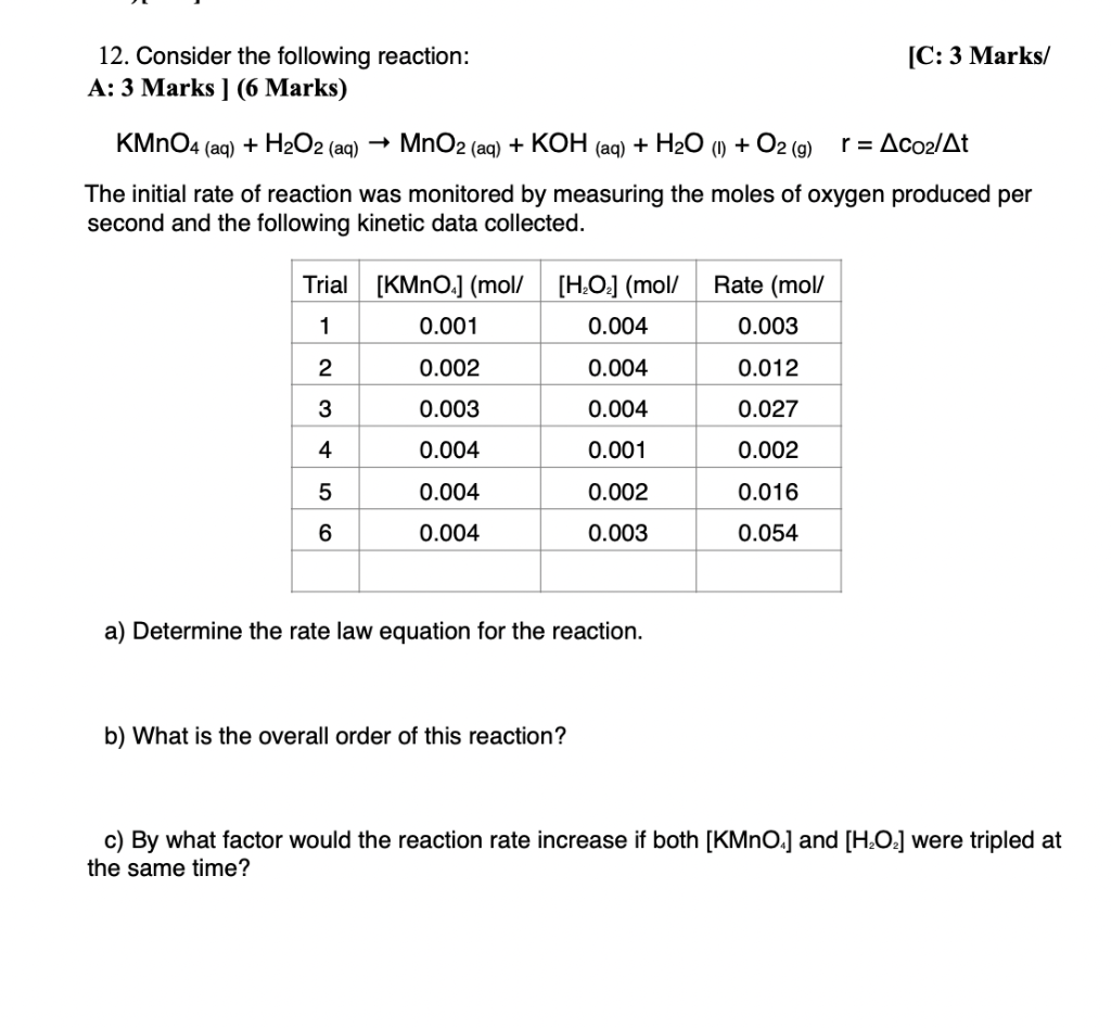 Solved 12. Consider the following reaction: [C: 3 Marks/ A: | Chegg.com