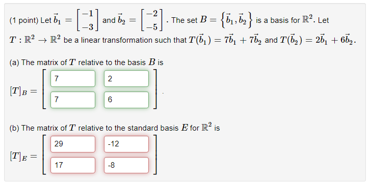 (1 Point) Let B⃗ 1=[−1−3] →1=[−1−3] And B⃗ | Chegg.com