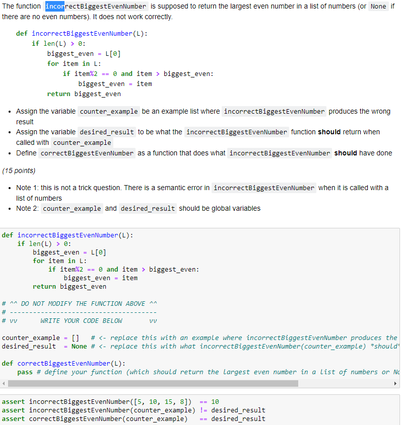 Solved The function incorrectBiggestEvenNumber is supposed | Chegg.com