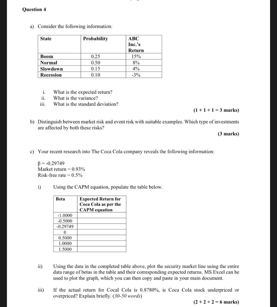 Solved Question 4 a) Consider the following information: | Chegg.com