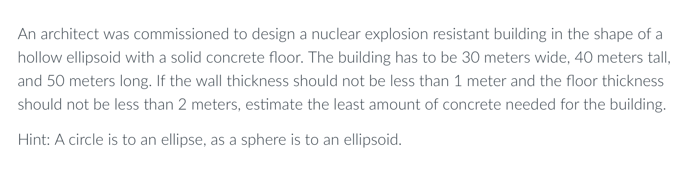 An architect was commissioned to design a nuclear explosion resistant building in the shape of a
hollow ellipsoid with a soli
