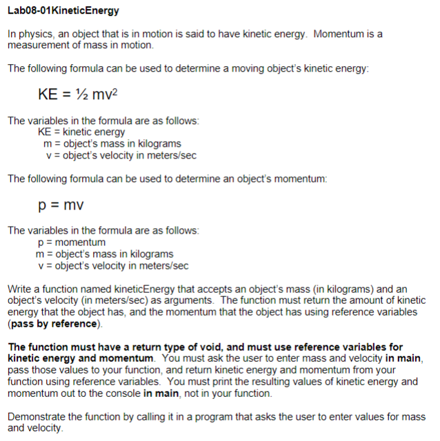 Solved Lab08-01 Kinetic Energy In Physics, An Object That Is | Chegg.com