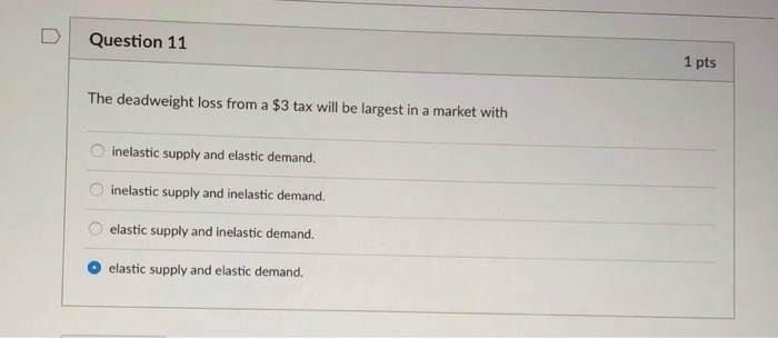 Solved D Question 11 1 pts The deadweight loss from a $3 tax | Chegg.com