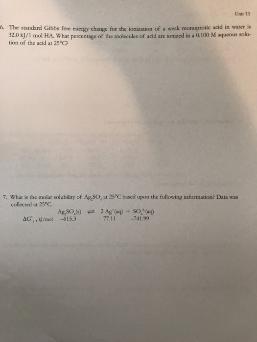 Solved Unit 13 6. The standard Gibbs free energy change for | Chegg.com