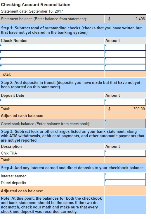Checking Account Reconciliation Statement date: | Chegg.com