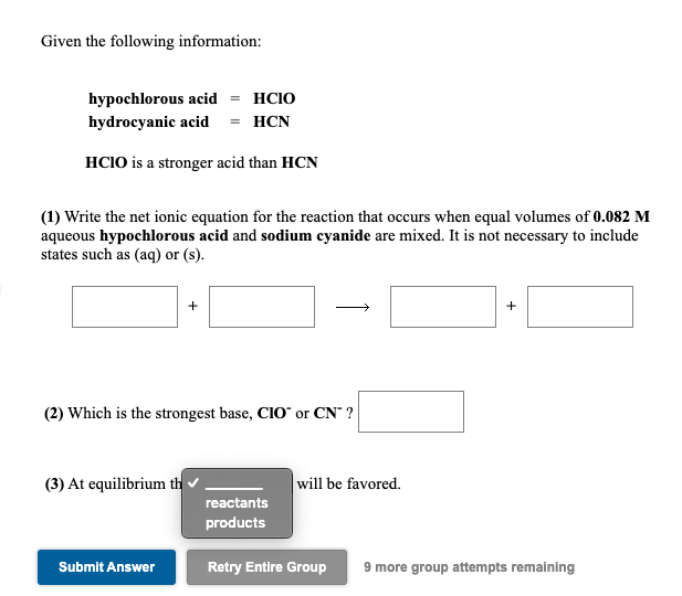 Solved Given the following information: hypochlorous acid = | Chegg.com