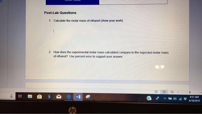 experiment 1 calculating the molar mass of ethanol