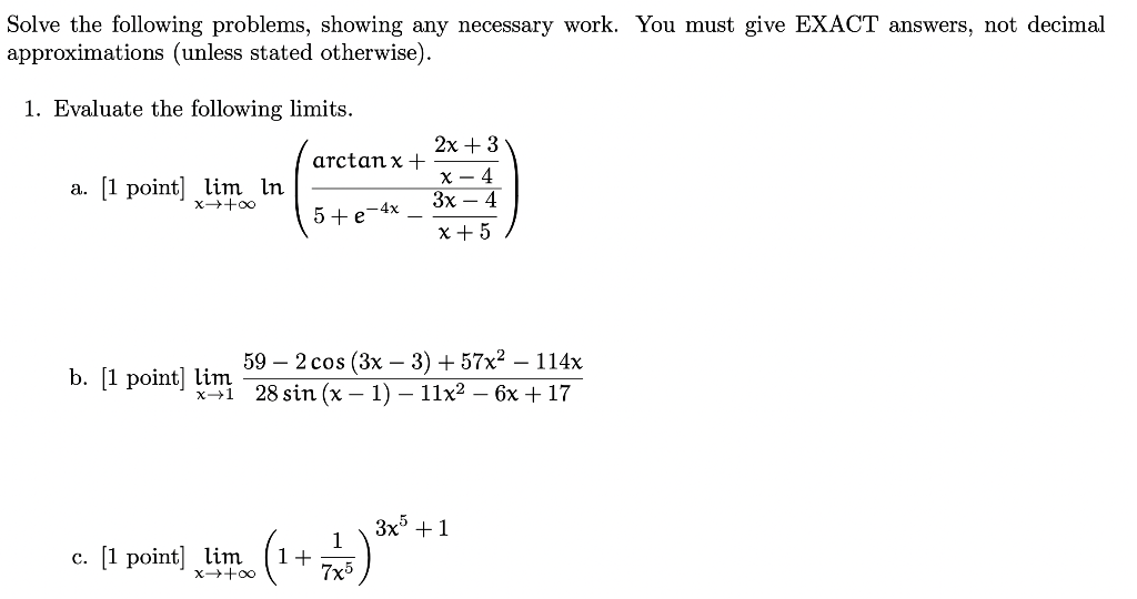 Solved Solve the following problems, showing any necessary | Chegg.com