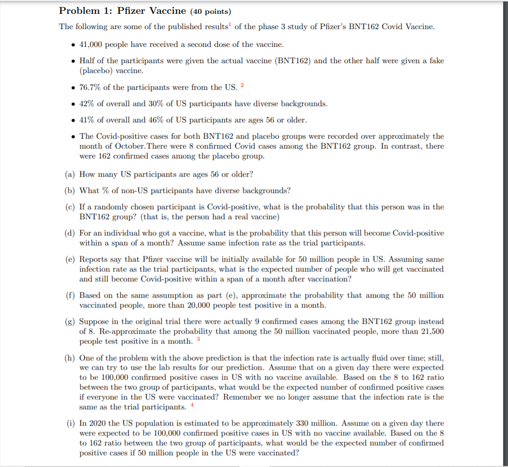 Solved Problem 1: Pfizer Vaccine (40 points) The following | Chegg.com