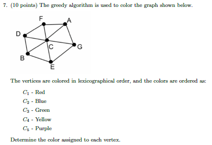 Solved 7. (10 points) The greedy algorithm is used to color | Chegg.com