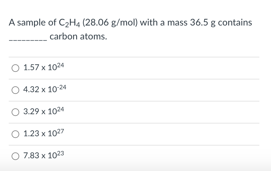 Solved A sample of C2H4 28.06 g mol with a mass 36.5 g Chegg