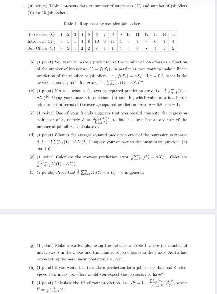 Solved 1. (10 points) Table 1 presents data on number of | Chegg.com