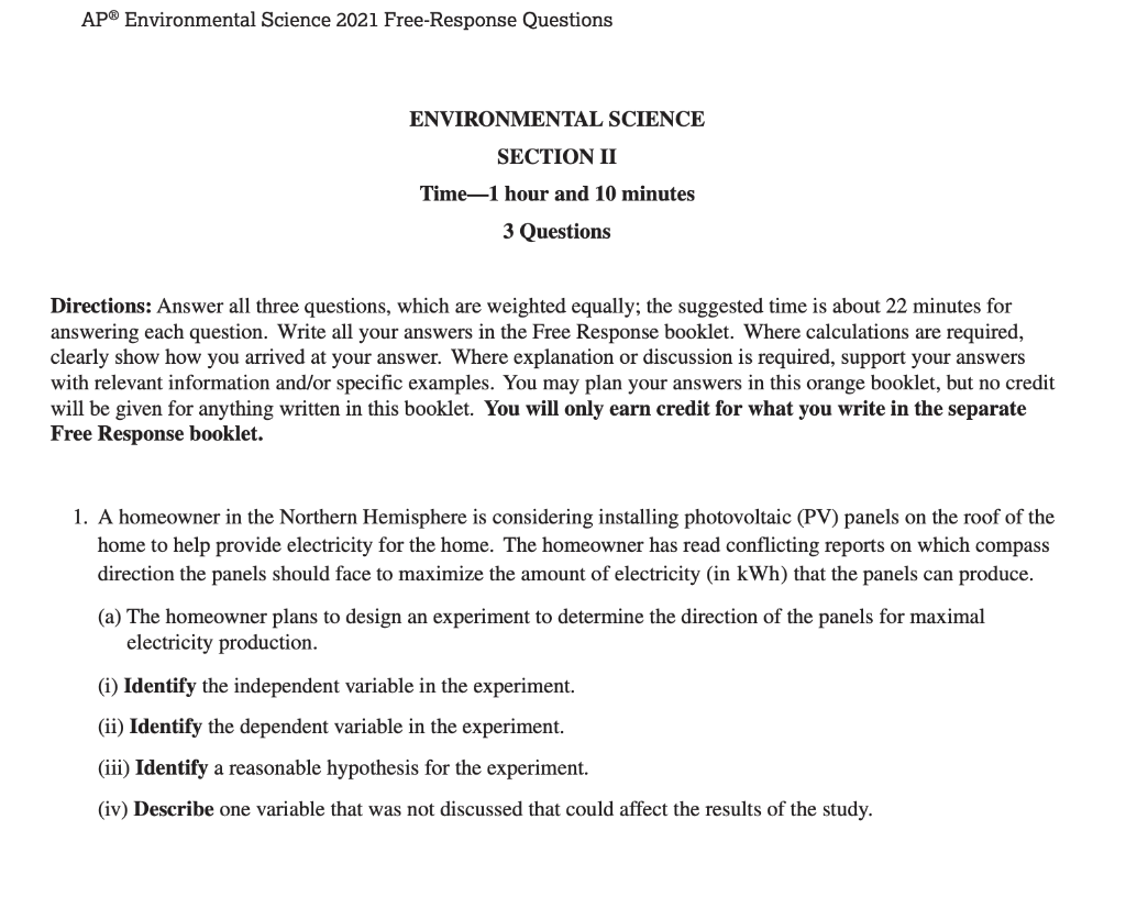 Solved AP® Environmental Science 2021 Free-Response | Chegg.com