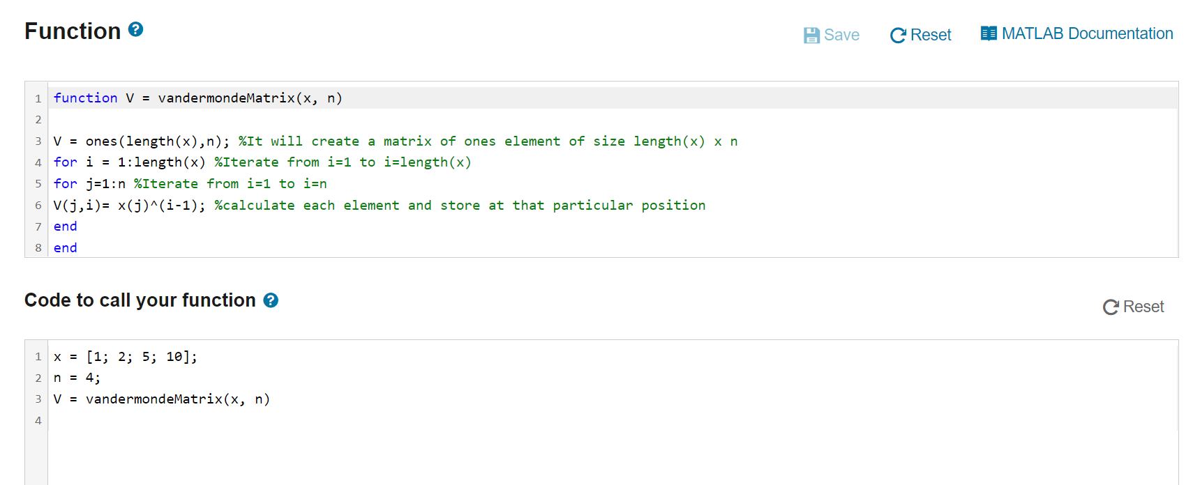 Solved Vandermonde Matrix (create from input vector) My | Chegg.com