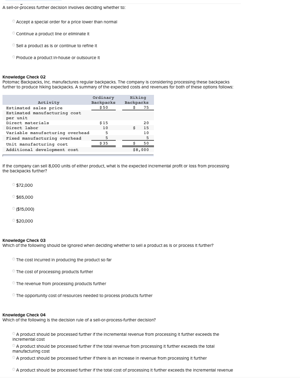 Solved A sell-or-process further decision involves deciding | Chegg.com