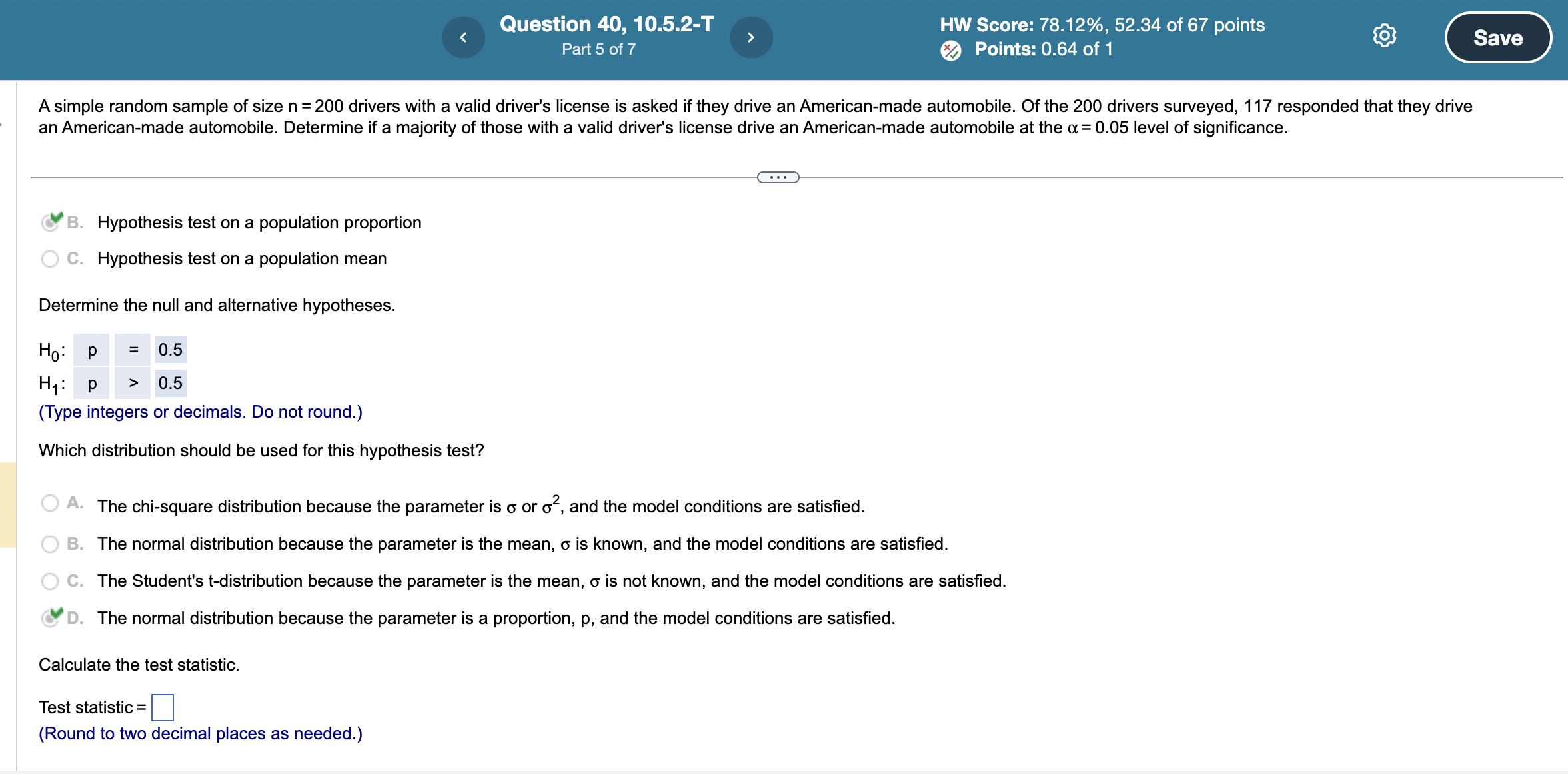 Solved Test statistics ?P-value ? Compare the P-value to | Chegg.com