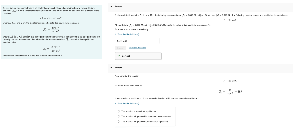 Solved Part B Now consider the reaction A+2B⇌CA+2B⇌C for | Chegg.com