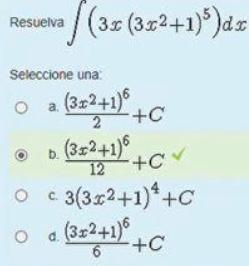 \( \int\left(3 x\left(3 x^{2}+1\right)^{5}\right) d x \) \( \begin{array}{l}\frac{\left(3 x^{2}+1\right)^{6}}{2}+C \\ \frac{\