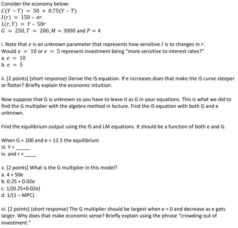 Solved Consider The Economy Below C Y T 50 0 75 Y Chegg Com