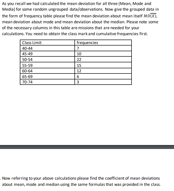 Solved As you recall we had calculated the mean deviation | Chegg.com