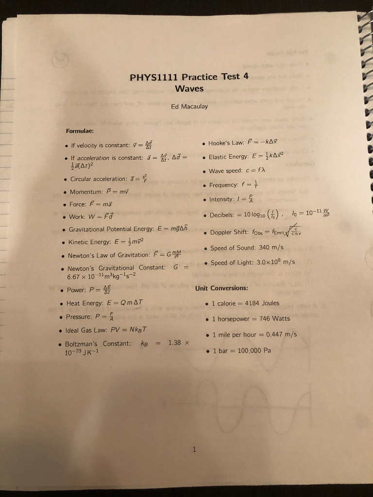 Phys1111 Practice Test 4 Waves Ed Macaulay Formula Chegg Com