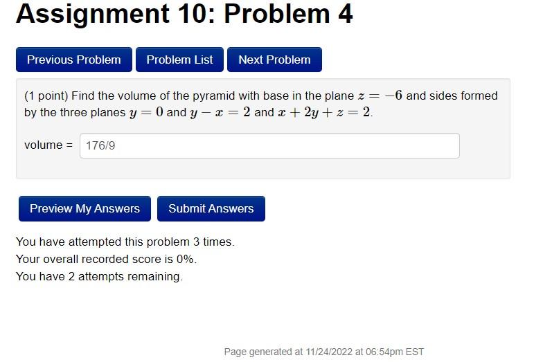 Solved (1 point) Find the volume of the pyramid with base in | Chegg.com