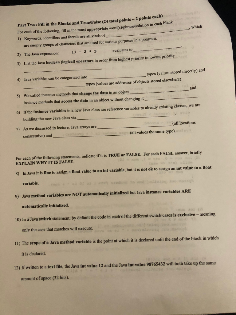 Solved which Part Two: Fill in the Blanks and True/False (24 | Chegg.com