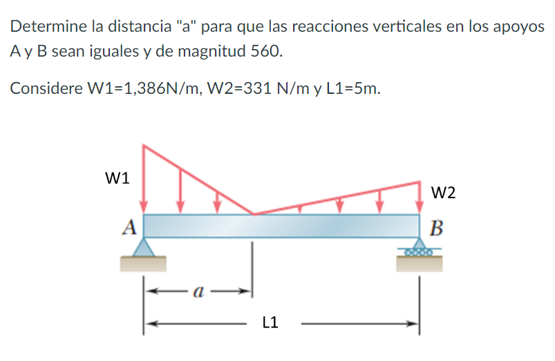 Determine la distancia a para que las reacciones verticales en los apoyos A y B sean iguales y de magnitud 560 . Considere