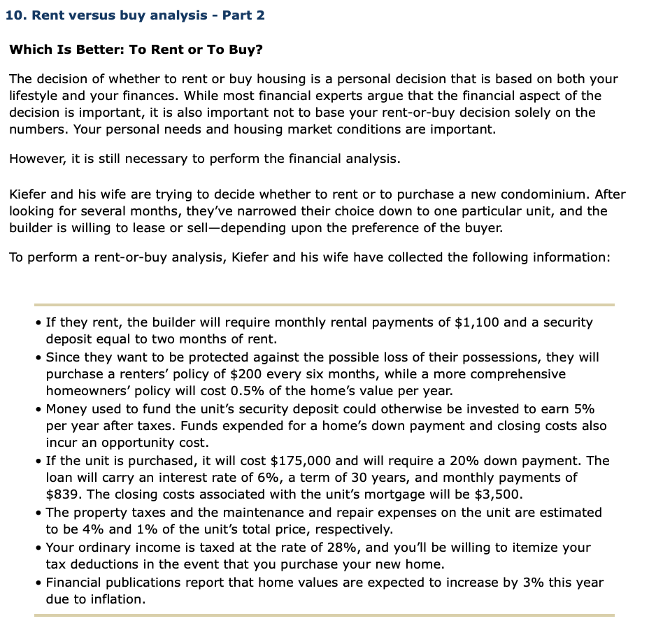 Solved 10. Rent versus buy analysis - Part 2 Which Is | Chegg.com