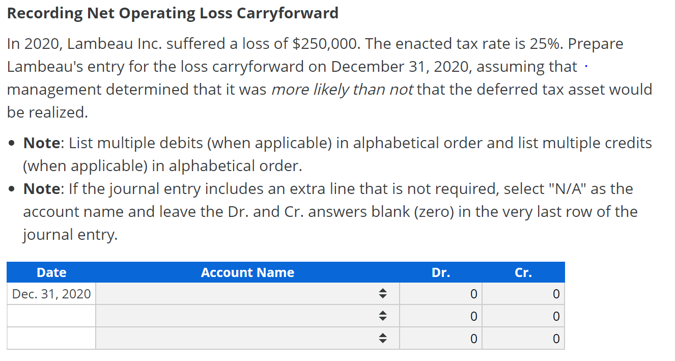 Solved Recording Net Operating Loss Carryforward In 2020,