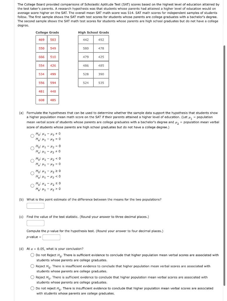 Solved The College Board provided comparisons of Scholastic