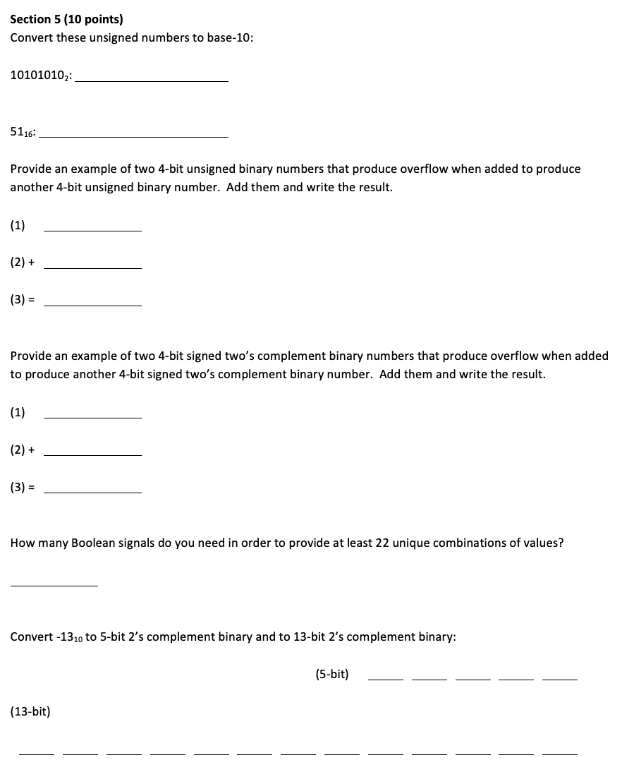 Solved Section 5 (10 points) Convert these unsigned numbers | Chegg.com