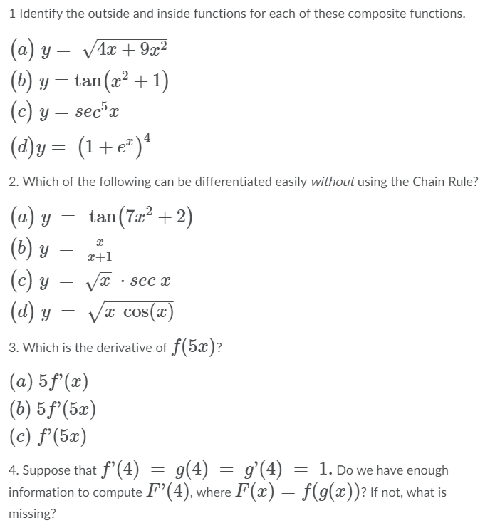Solved 1 Identify the outside and inside functions for each | Chegg.com